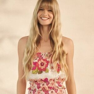 Floral Pink and White Smocked strapless top - Anthropologie